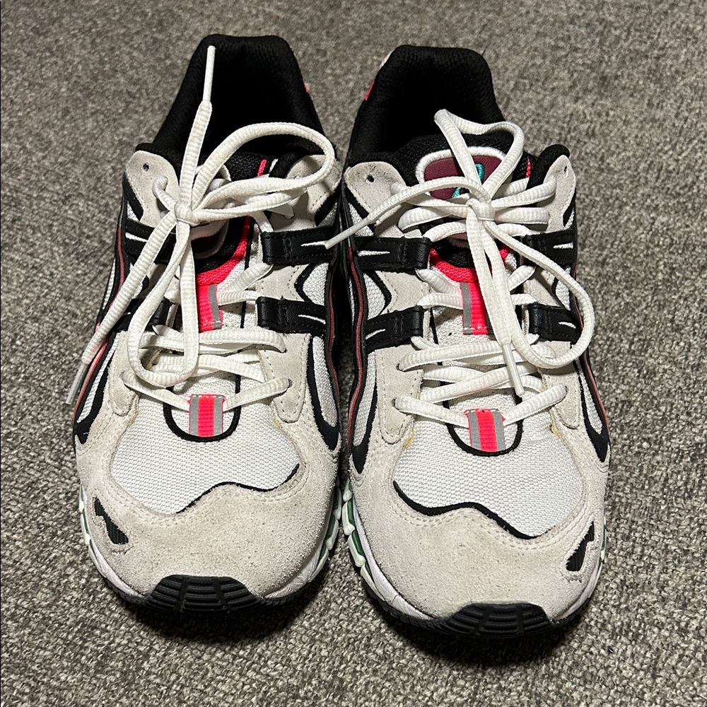 Asics White and Black Sneakers with Pink and Green Accents
